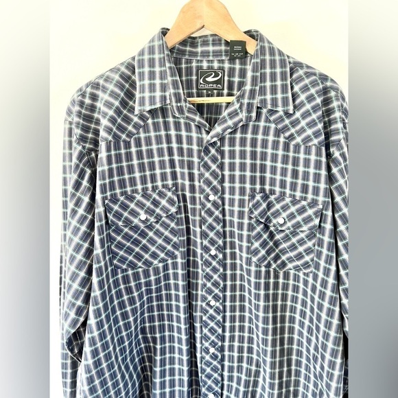Roper Blue & Silver Metallic Plaid Collared Pearl Snap Western Shirt Size XL - Picture 2 of 11